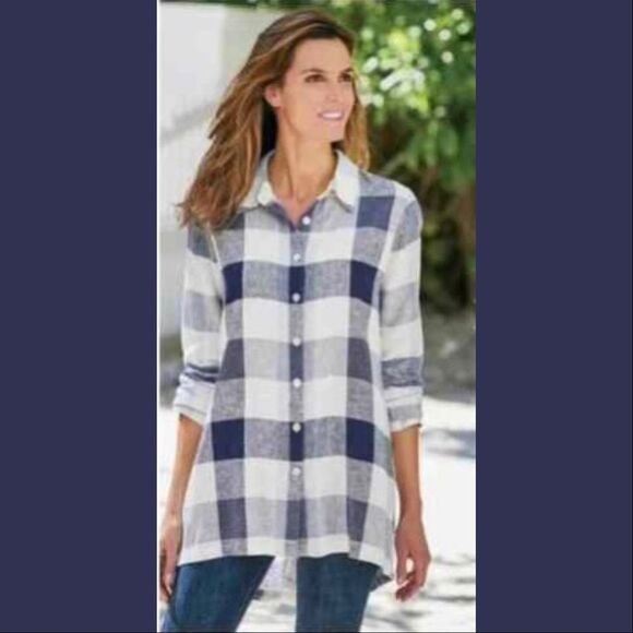 Soft Surroundings Buffalo Plaid Blue Top with Floral Insert - Picture 1 of 6